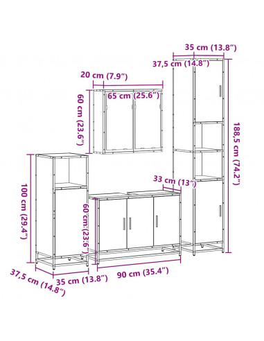 Set Mobili da Bagno 4 pz Rovere Sonoma in Legno Multistrato