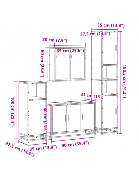 Set Mobili da Bagno 4 pz Rovere Sonoma in Legno Multistrato