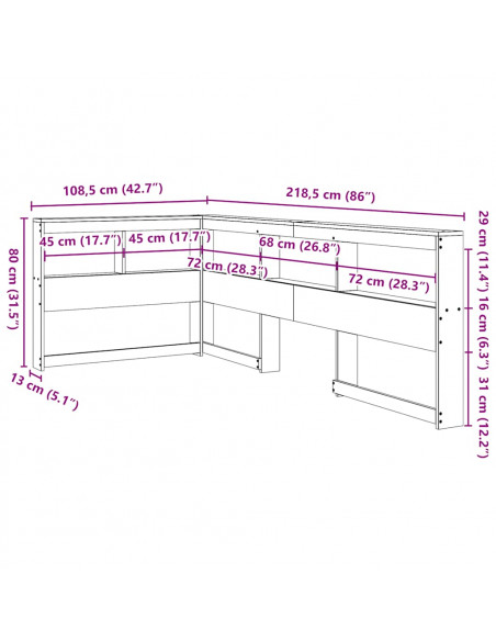 Testiera Libreria a L 90 cm in Legno Massello di Pino