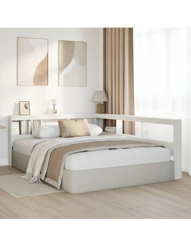 Testiera Libreria a L Bianca 140 cm in Legno Massello di Pino