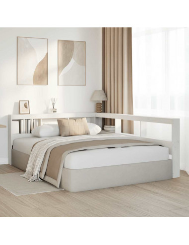 Testiera Libreria a L Bianca 140 cm in Legno Massello di Pino