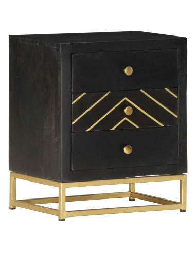 Comodino Nero e Oro 40x30x50 cm in Legno Massello di Mango