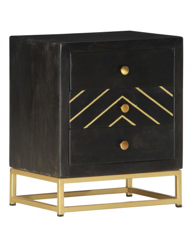 Comodino Nero e Oro 40x30x50 cm in Legno Massello di Mango