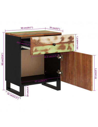Comodino 50x33x60cm Legno Massello Recupero e Legno Multistrato