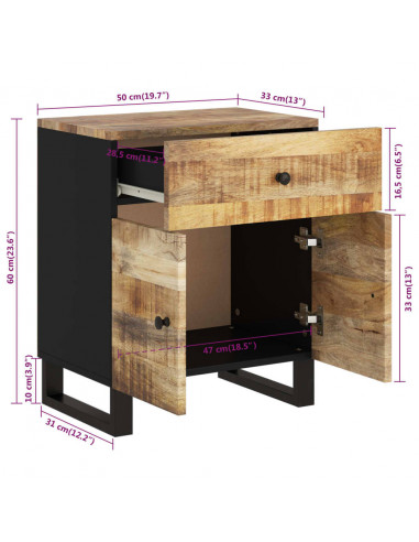 Comodino 50x33x60cm Legno Massello di Mango e Legno Multistrato