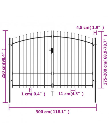 Cancello a Doppia Anta con Punte in Acciaio 3x2 m Nero