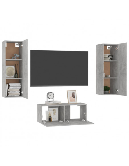 Set di Mobili Porta TV 3 pz Grigio Cemento in Legno Multistrato