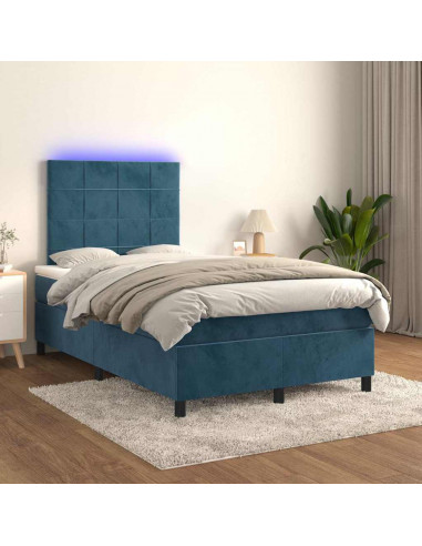 Letto a Molle Materasso e LED Blu Scuro 120x190 cm in Velluto