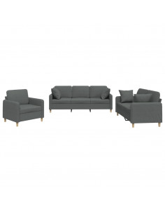 Set di Divani 3 pz con Cuscini Grigio Scuro in Tessuto