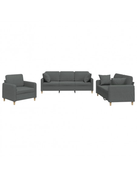 Set di Divani 3 pz con Cuscini Grigio Scuro in Tessuto