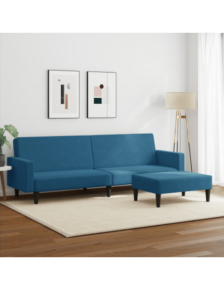 Divano Letto 2 Posti con Poggiapiedi Blu in Velluto