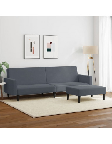 Divano Letto 2 Posti con Poggiapiedi Grigio Scuro in Velluto