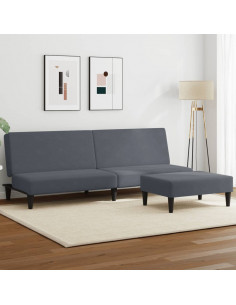 Divano Letto 2 Posti con Poggiapiedi Grigio Scuro in Velluto