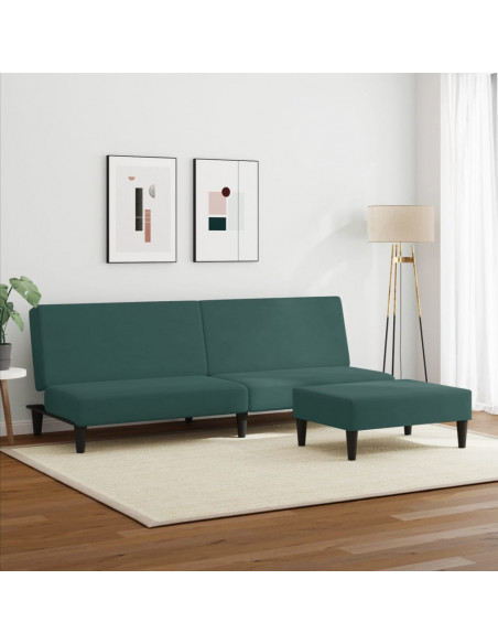 Divano Letto a 2 Posti con Poggiapiedi Verde Scuro in Velluto