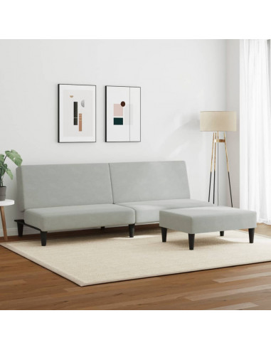 Divano Letto a 2 Posti con Poggiapiedi Grigio Chiaro in Velluto