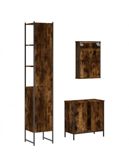 Set Mobili da Bagno 3 pz Rovere Fumo in Legno Multistrato