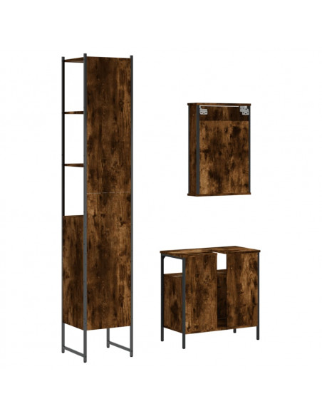 Set Mobili da Bagno 3 pz Rovere Fumo in Legno Multistrato