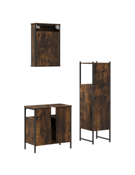 Set Mobili da Bagno 3 pz Rovere Fumo in Legno Multistrato