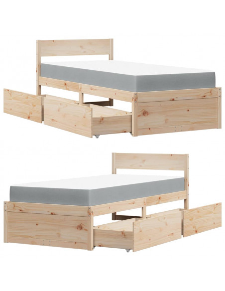 Letto con Cassetti e Materasso 90x200 cm Legno Massello di Pino