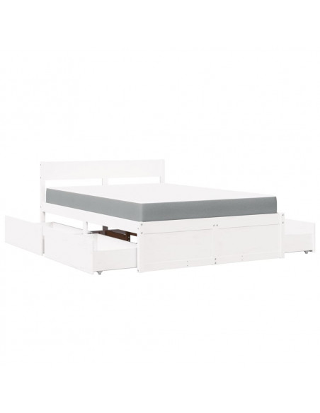 Letto Cassetti e Materasso Bianco 120x200cm Legno Massello Pino