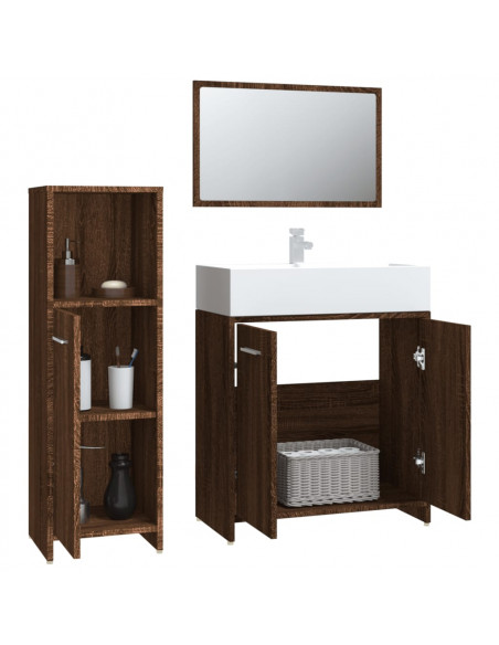 Set Mobili da Bagno 3 pz Rovere Marrone in Legno Multistrato