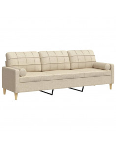 Divano a 3 Posti con Cuscini Crema 210 cm in Tessuto