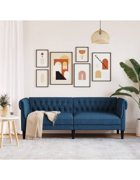 Divano Chesterfield a 3 Posti Blu in Tessuto
