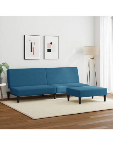 Divano Letto 2 Posti con Poggiapiedi Blu in Velluto