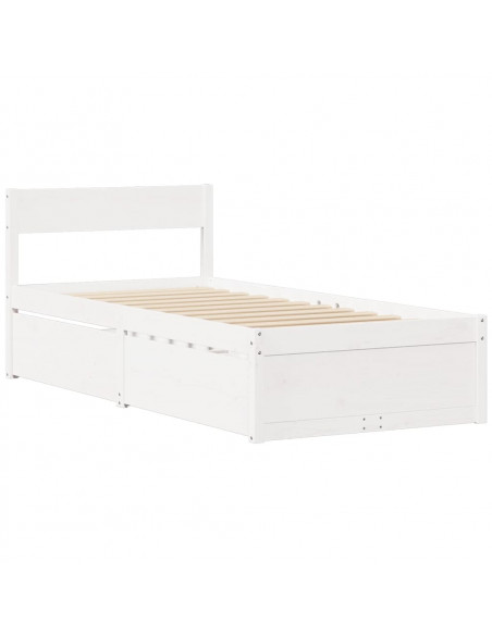 Letto Cassetti e Materasso Bianco 100x200cm Legno Massello Pino