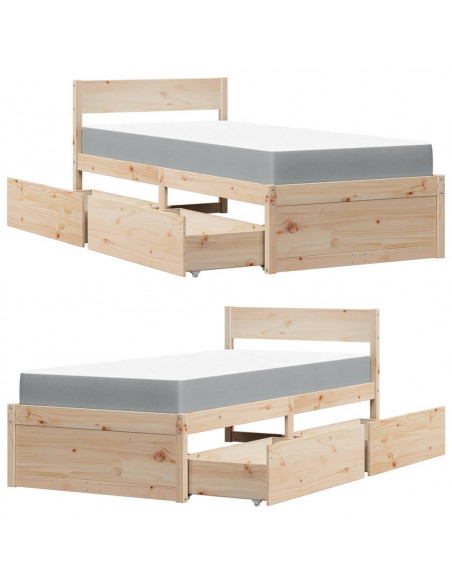 Letto con Cassetti e Materasso 100x200 cm Legno Massello Pino