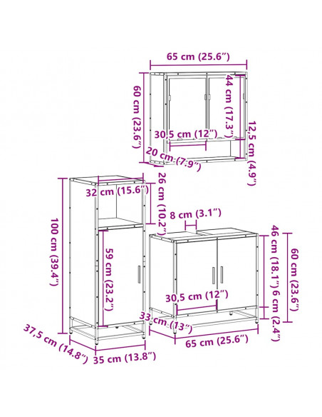 Set Mobili da Bagno 3 pz Nero in Legno Multistrato