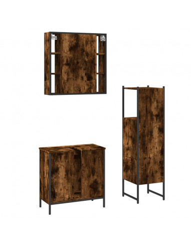 Set Mobili da Bagno 3 pz Rovere Fumo in Legno Multistrato