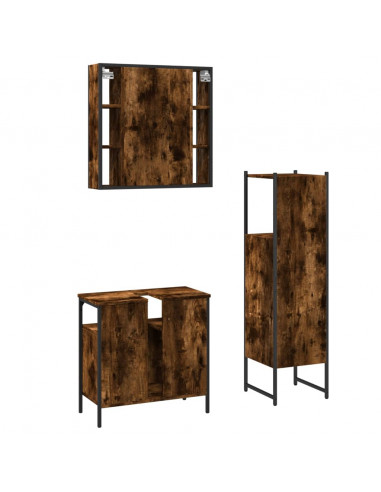 Set Mobili da Bagno 3 pz Rovere Fumo in Legno Multistrato
