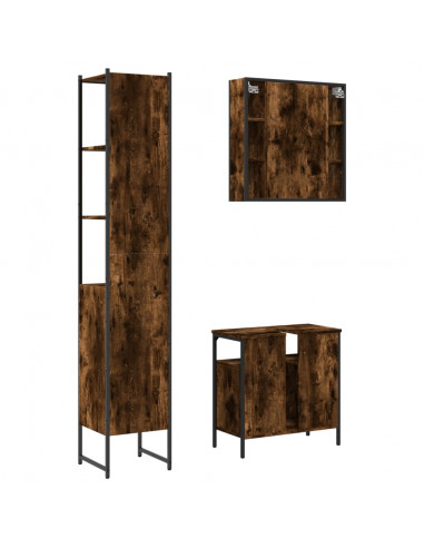 Set Mobili da Bagno 3 pz Rovere Fumo in Legno Multistrato