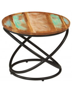 Tavolino Ø50x40 cm in Legno Massello di Recupero e Acciaio