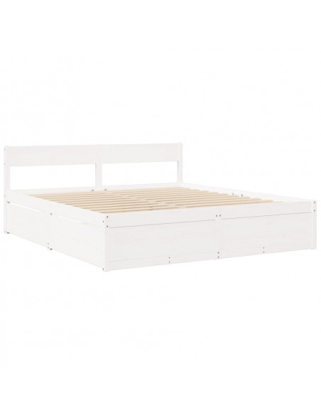 Letto Cassetti e Materasso Bianco 200x200cm Legno Massello Pino