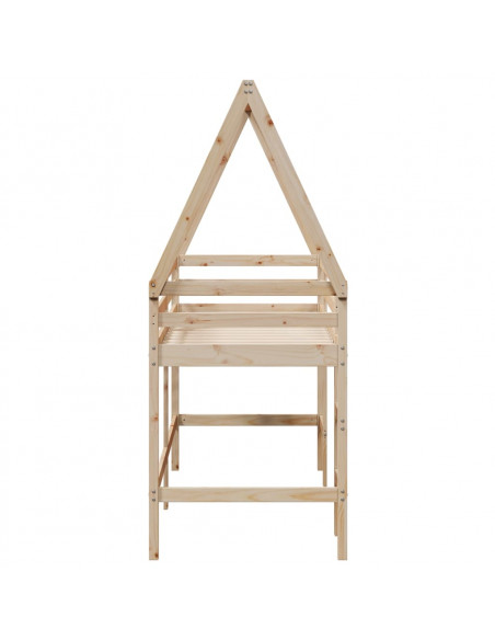 Letto Soppalco con Scala e Tetto 90x190 cm Legno Massello Pino