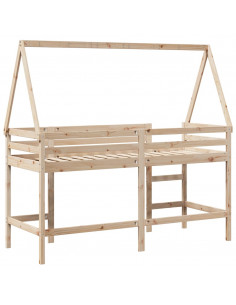 Letto Soppalco con Scala e Tetto 90x190 cm Legno Massello Pino 2