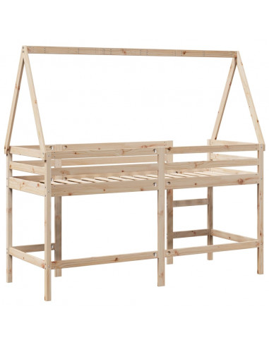 Letto Soppalco con Scala e Tetto 90x190 cm Legno Massello Pino