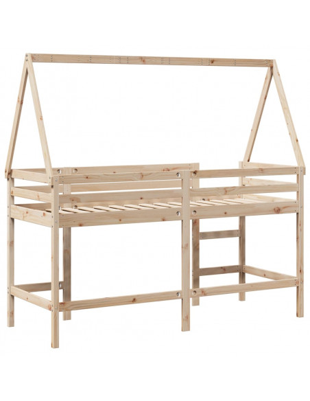 Letto Soppalco con Scala e Tetto 90x190 cm Legno Massello Pino