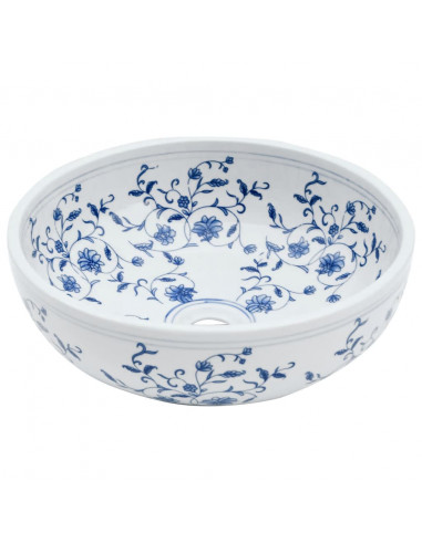 Lavabo da Appoggio Bianco e Blu Rotondo Φ41x14 cm Ceramica