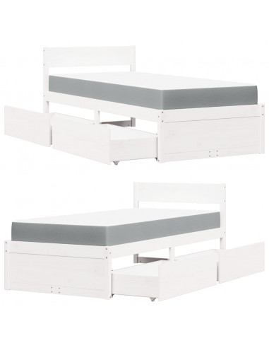 Letto Cassetti e Materasso Bianco 90x190 cm Legno Massello Pino