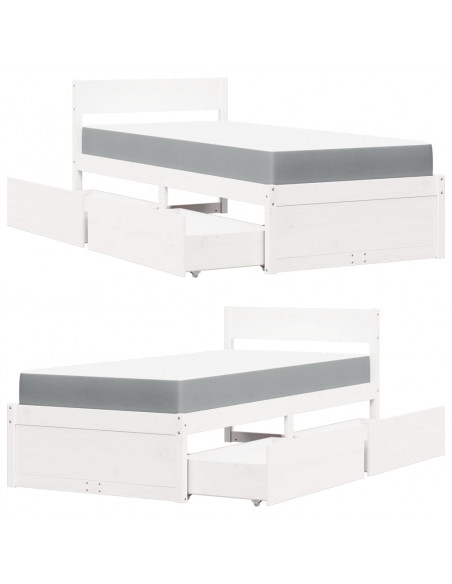 Letto Cassetti e Materasso Bianco 90x190 cm Legno Massello Pino