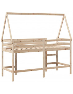 Letto Soppalco con Scala e Tetto 90x200 cm Legno Massello Pino 2