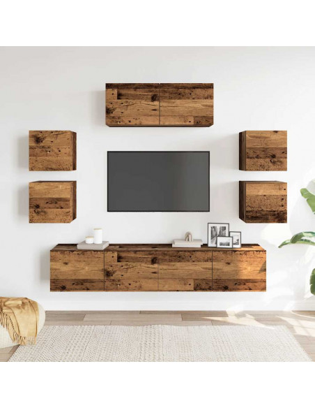 Set Mobile TV 7 pz Montato a Parete Legno Antico in Truciolato