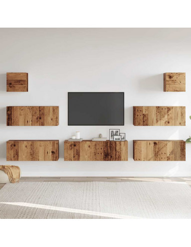 Set Mobile TV 7 pz Montato a Parete Legno Antico in Truciolato