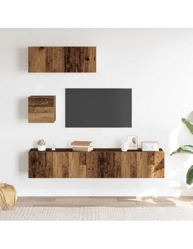 Set Mobile TV 4 pz Montato a Parete Legno Antico in Truciolato