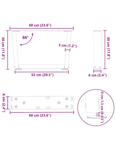 Gambe per Tavolo Pranzo a V 2pz Naturale 60x(30-31,3)cm Acciaio
