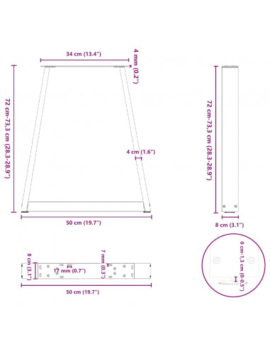 Gambe per tavolo da pranzo a forma di V 2 pz in acciaio naturale 50x(72-73,3) cm