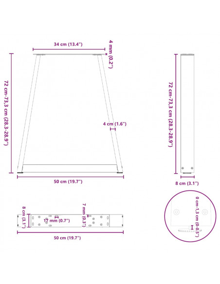 Gambe per tavolo da pranzo a forma di V 2 pz in acciaio naturale 50x(72-73,3) cm